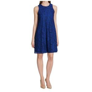 Tommy Hilfiger Womens Blue Floral Lace Sleeveless Shift Dress Size 14 Lined